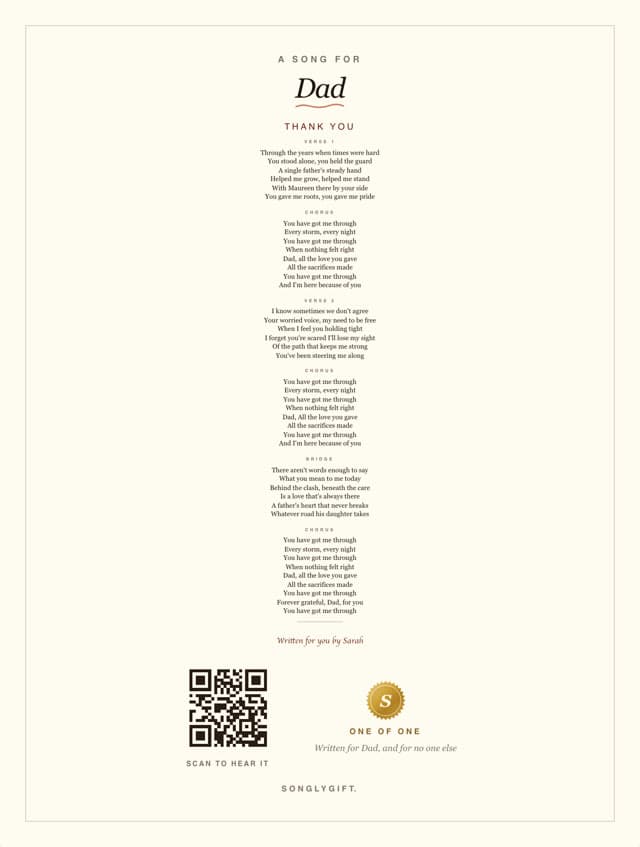 A printed lyric sheet titled A Song for Dad